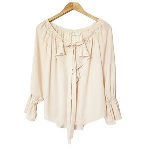 New York and Company Blouse Cream Flowy Ruffled Off Shoulder Bell Cuff Bow Tie